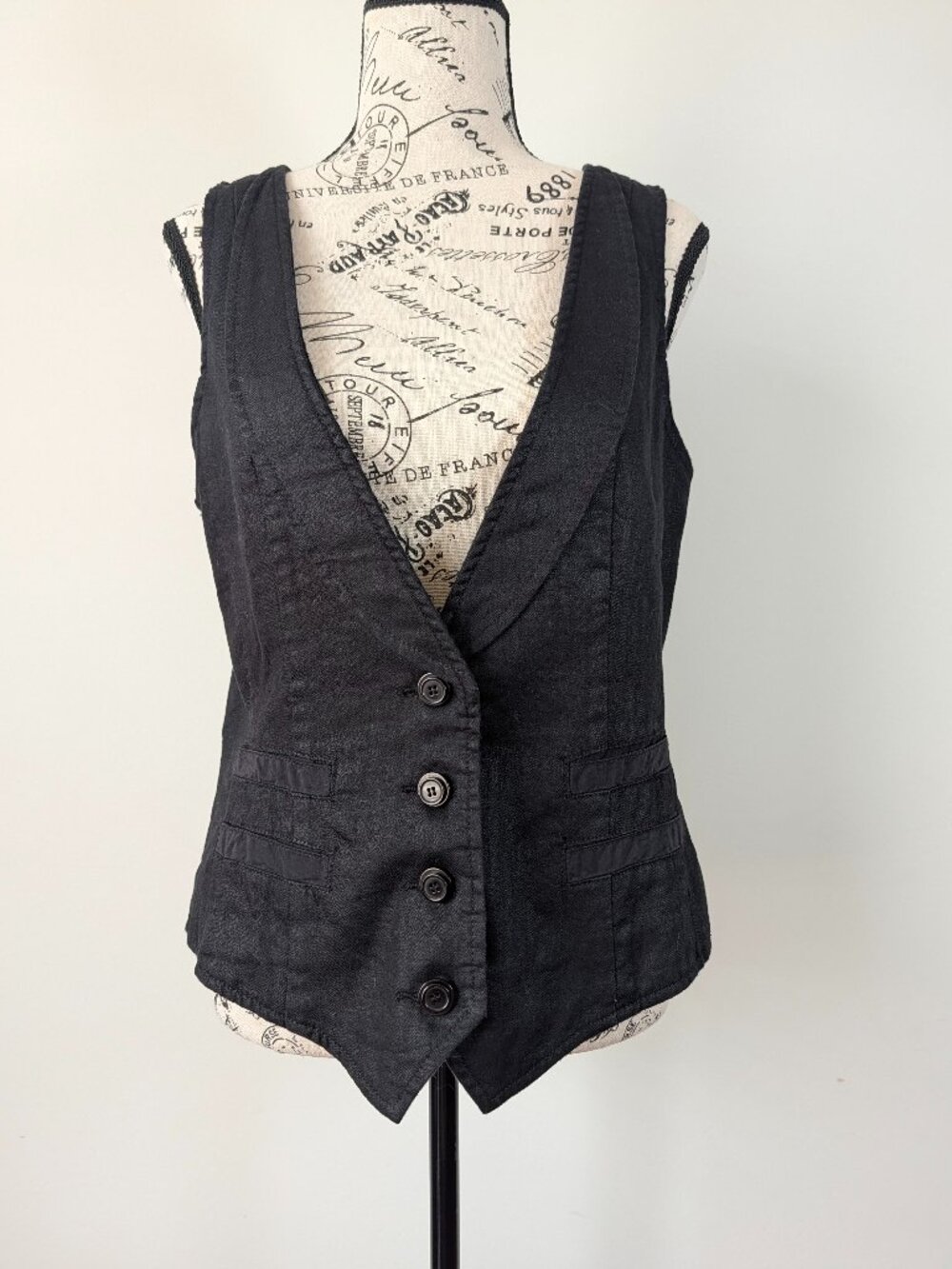 Da‑Nang Black Linen Vest Size M Tailored Fully Lined Adjustable Back
